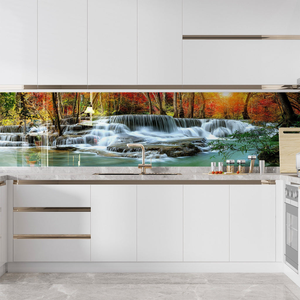Majestic Waterfall in Autumn – Glass Kitchen Backsplash-BacksplashArtworks