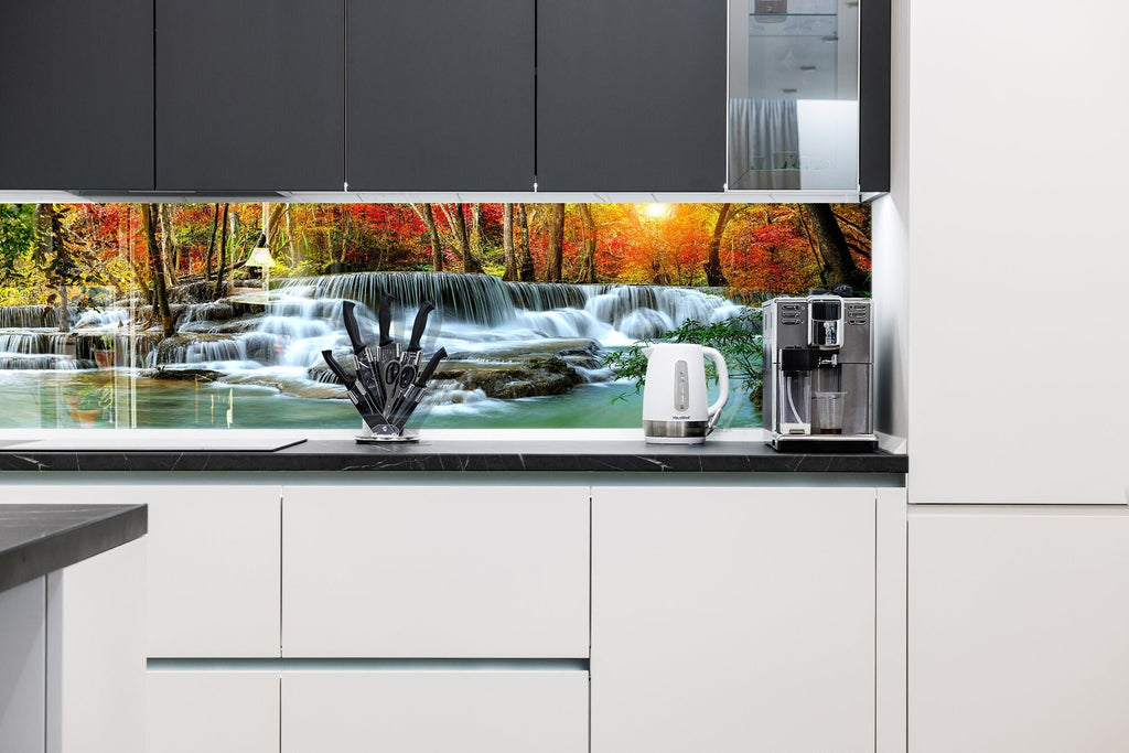 Majestic Waterfall in Autumn – Glass Kitchen Backsplash-BacksplashArtworks