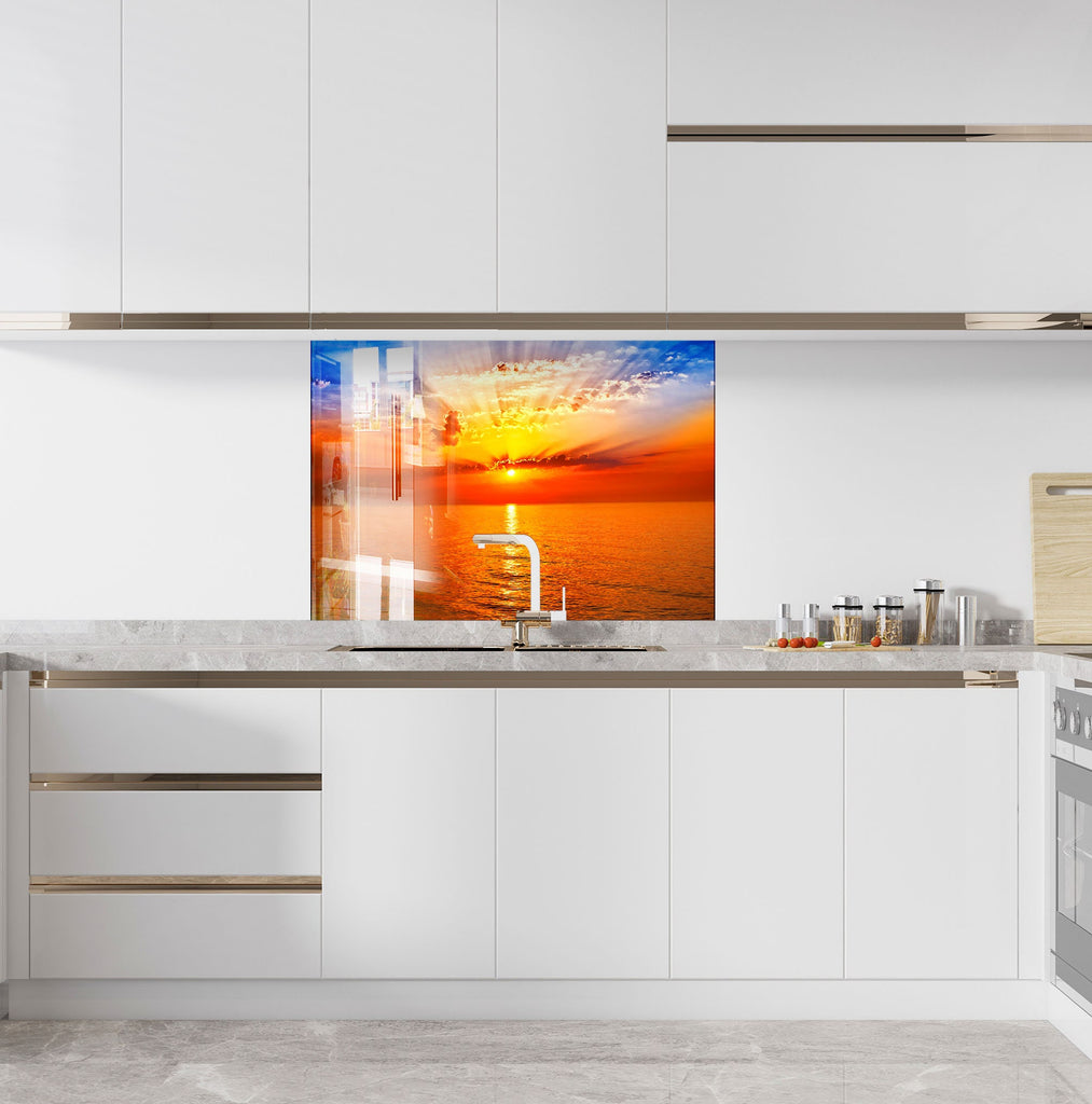 Golden Ocean Sunset Landscape – Glass Kitchen Backsplash-BacksplashArtworks