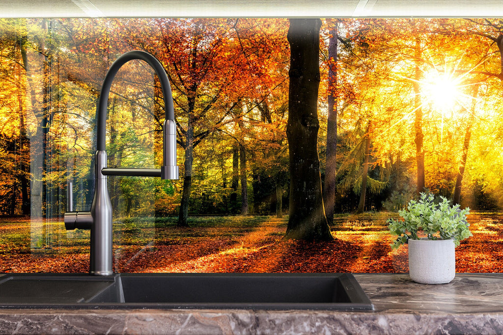 Golden Autumn Forest - Glass Kitchen Backsplash-BacksplashArtworks