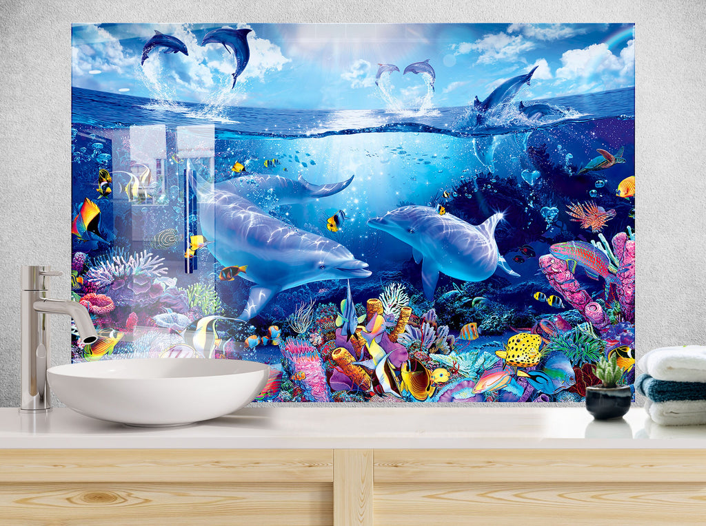 Vibrant Ocean Glass Kitchen Backsplash – Dolphins & Coral Reef Design-BacksplashArtworks