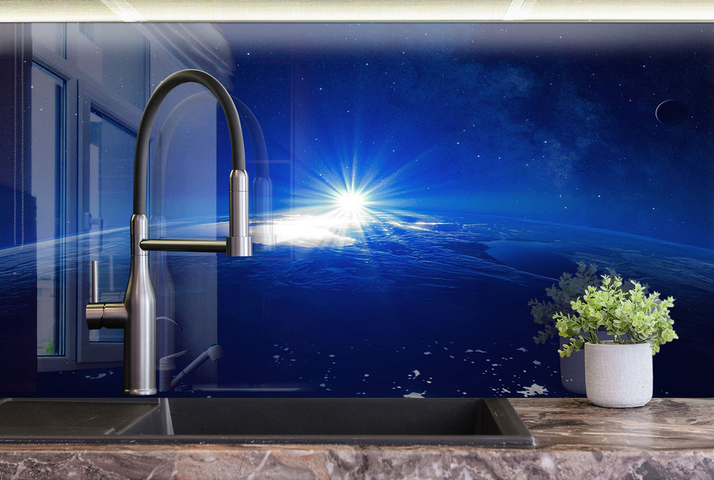 Sunrise Over Earth Glass Kitchen Backsplash – Space Exploration Design-BacksplashArtworks