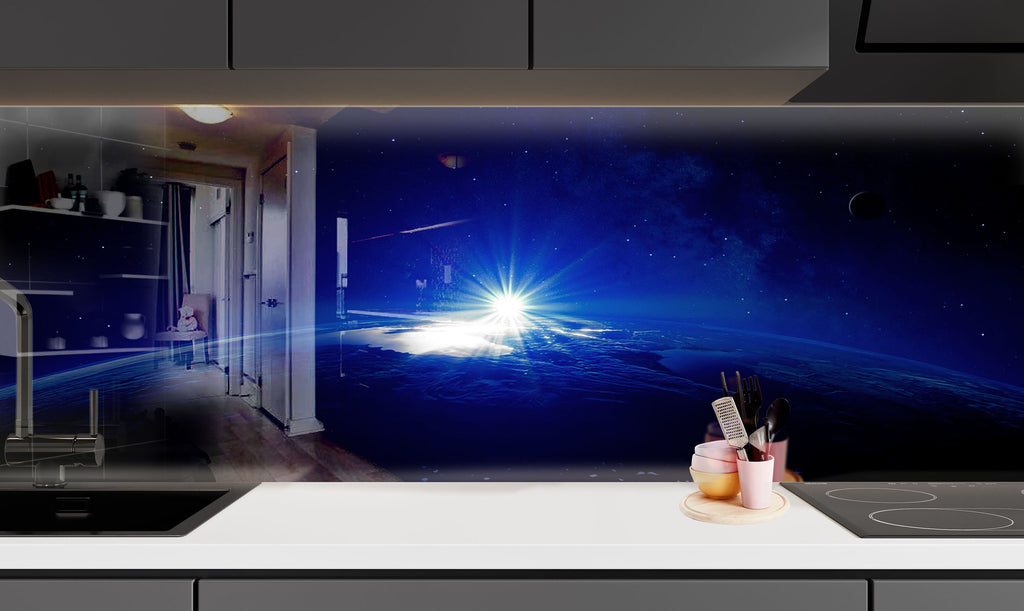 Sunrise Over Earth Glass Kitchen Backsplash – Space Exploration Design-BacksplashArtworks