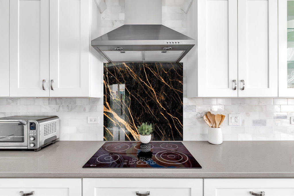 Black Marble with Gold Veins - Glass Kitchen Backsplash-BacksplashArtworks