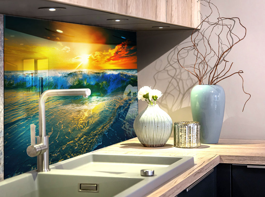 Golden Ocean Waves - Glass Kitchen Backsplash-BacksplashArtworks