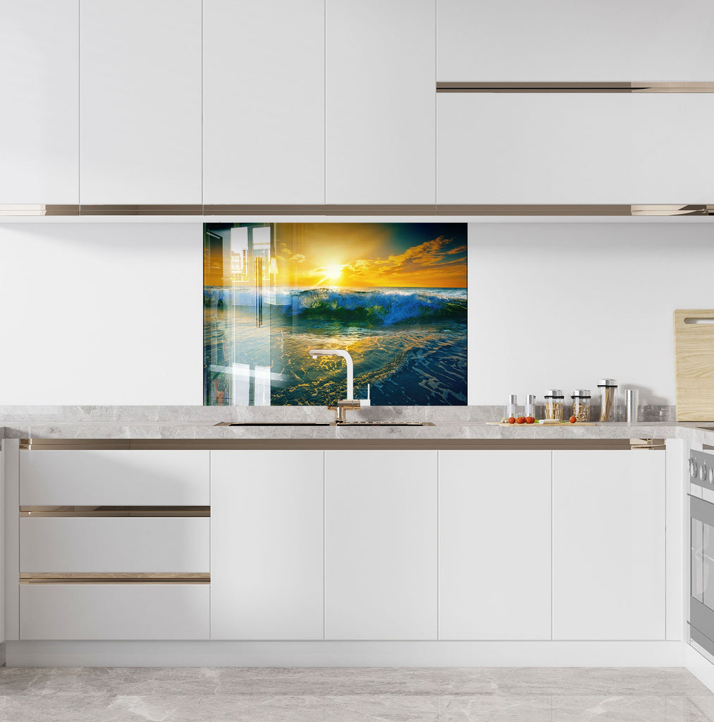 Golden Ocean Waves - Glass Kitchen Backsplash-BacksplashArtworks