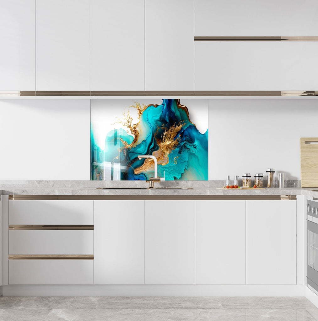 Teal & Gold Abstract Marble - Glass Kitchen Backsplash-BacksplashArtworks