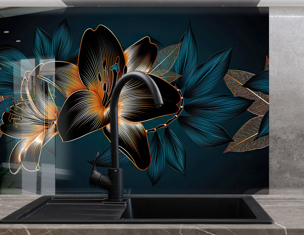 Botanical Floral Tempered Glass Backsplash-BacksplashArtworks