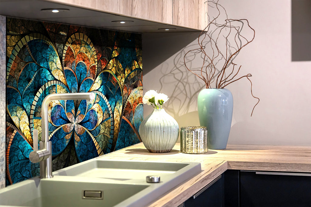 Golden & Blue Stained Glass Floral Design - Glass Kitchen Backsplash-BacksplashArtworks