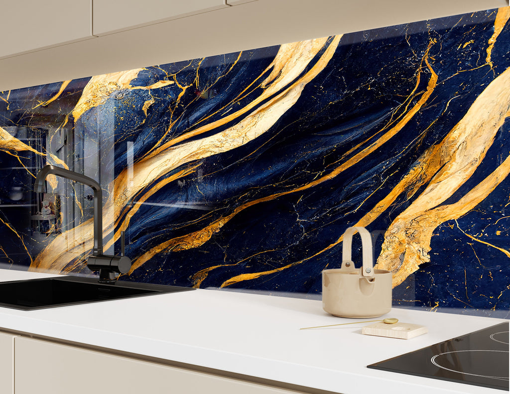 Gold Waves on Navy Blue Marble - Glass Bathroom Backsplash-BacksplashArtworks