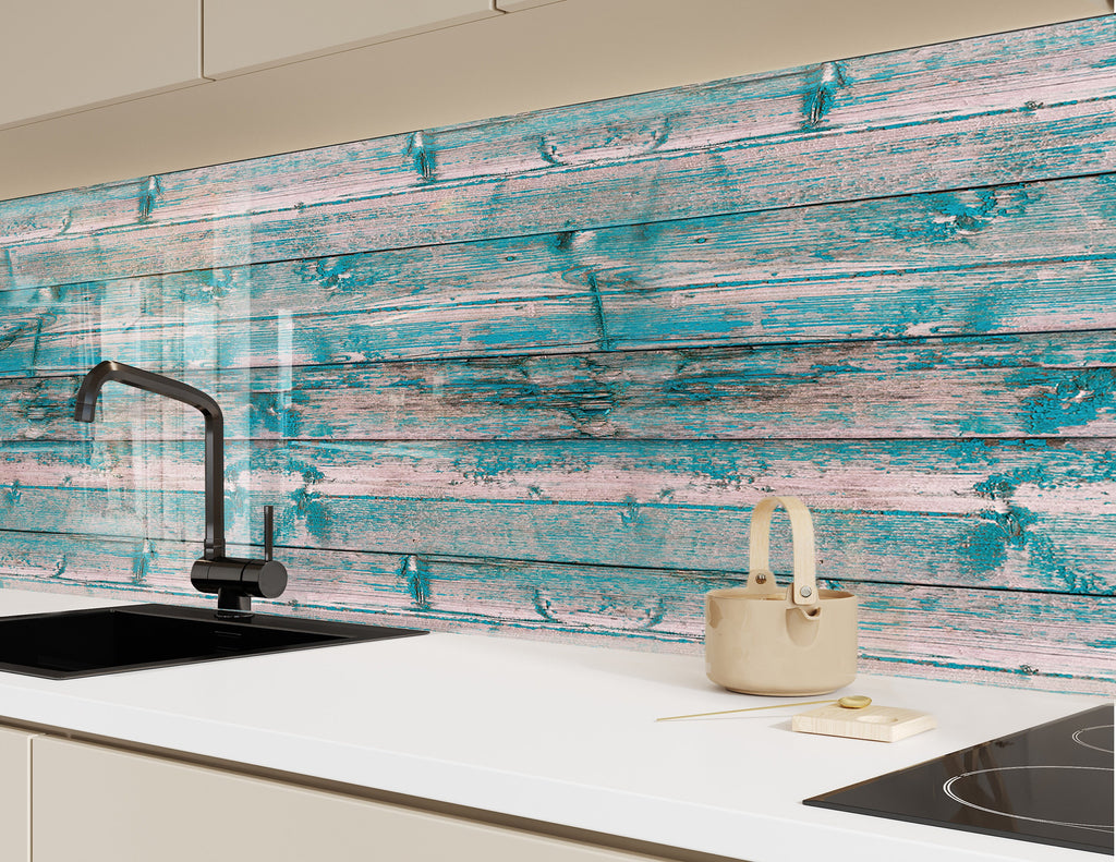Turquoise & Weathered Wood - Tempered Glass Kitchen Backsplash-BacksplashArtworks