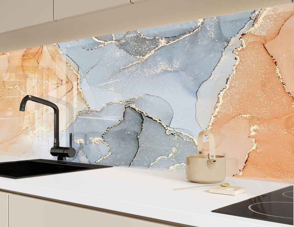 Gray & Golden Waves - Glass Kitchen Backsplash-BacksplashArtworks