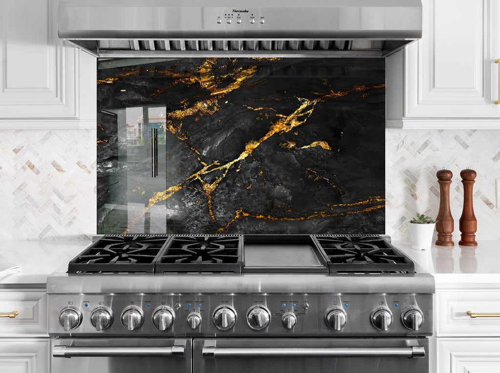 Black Gold Marble - Tempered Glass Kitchen Backsplash-BacksplashArtworks