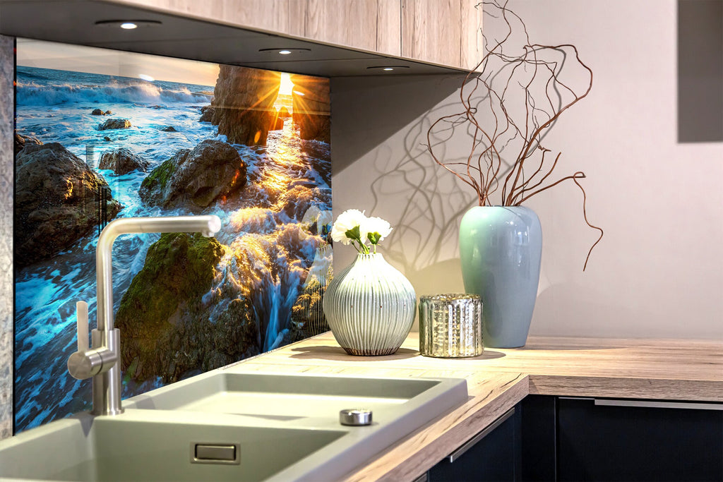 Golden Sunset Waves - Glass Bathroom Backsplash-BacksplashArtworks