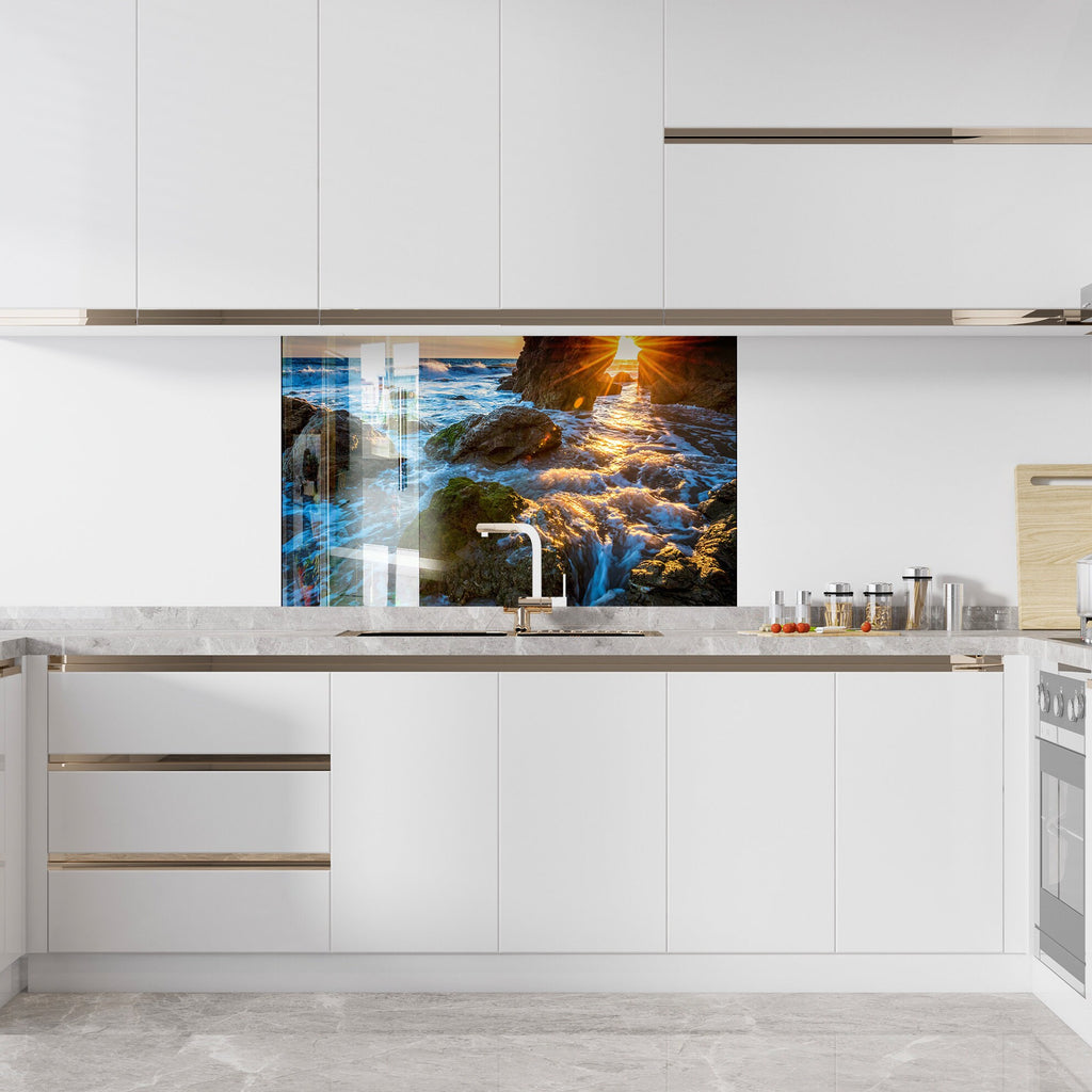 Golden Sunset Waves - Glass Bathroom Backsplash-BacksplashArtworks