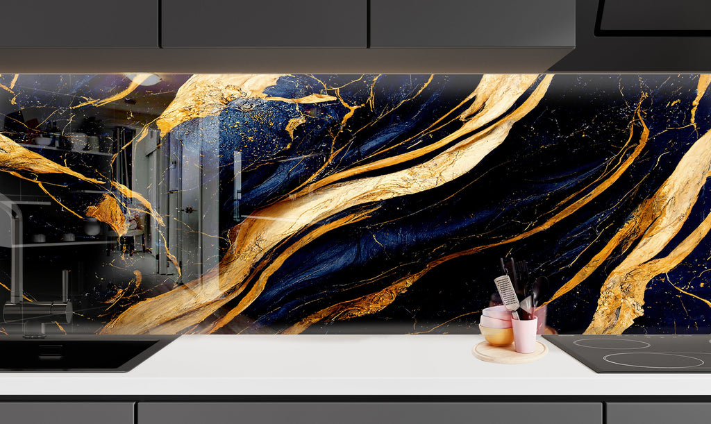 Gold Waves on Navy Blue Marble - Glass Bathroom Backsplash-BacksplashArtworks