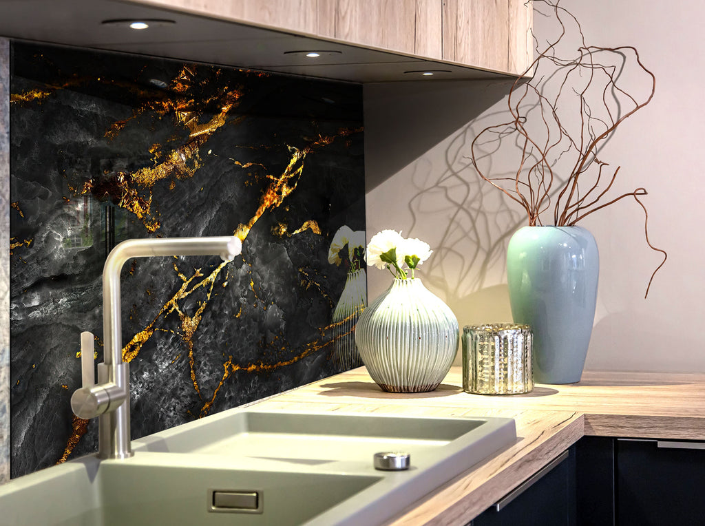 Black Gold Marble - Tempered Glass Kitchen Backsplash-BacksplashArtworks