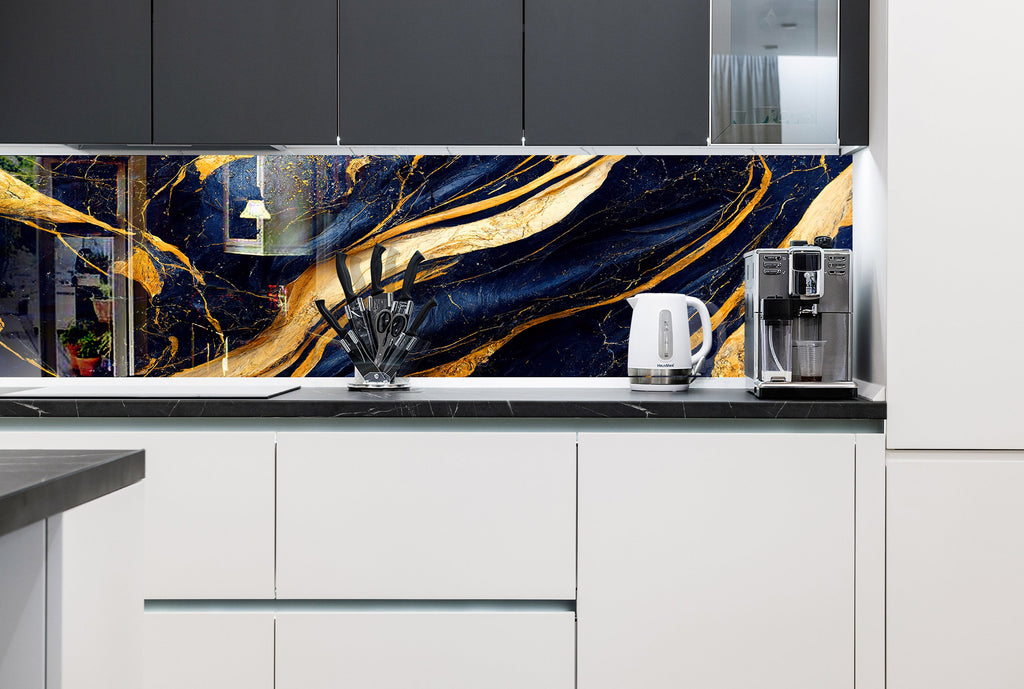 Gold Waves on Navy Blue Marble - Glass Bathroom Backsplash-BacksplashArtworks