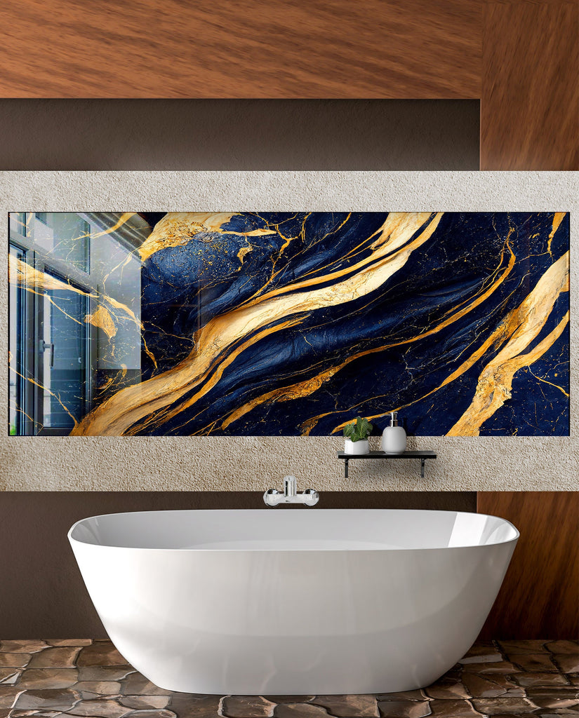 Gold Waves on Navy Blue Marble - Glass Bathroom Backsplash-BacksplashArtworks