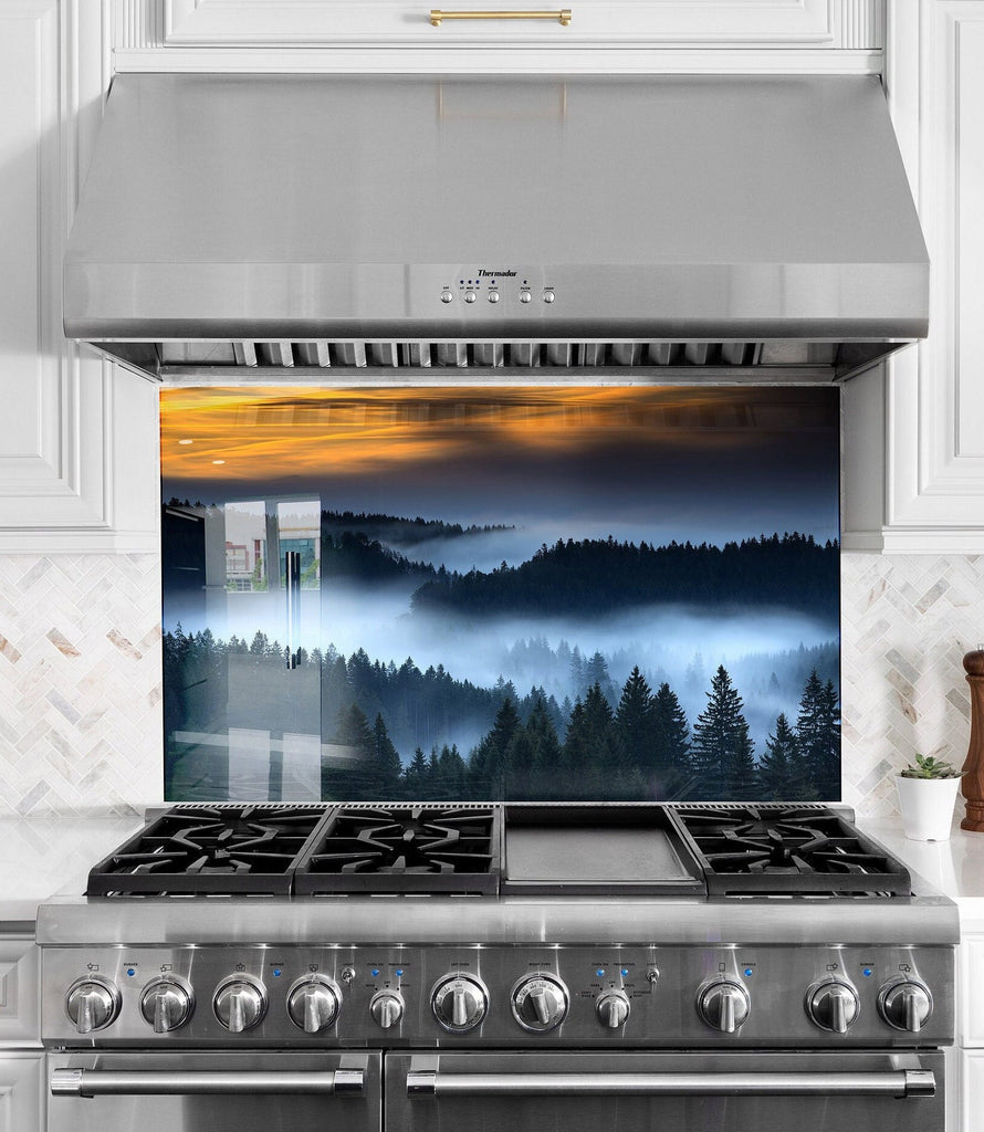 Misty Mountain Sunrise – Glass Kitchen Backsplash-BacksplashArtworks