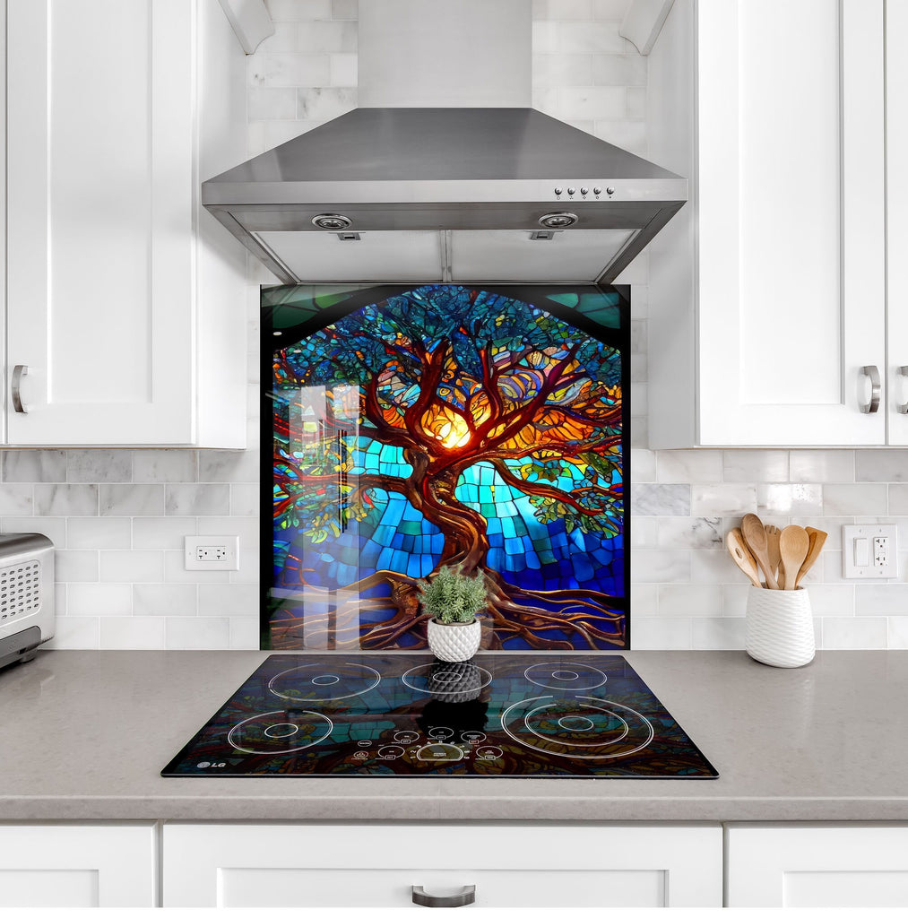 Blue Tree of Life Stained - Glass Kitchen Backsplash-BacksplashArtworks