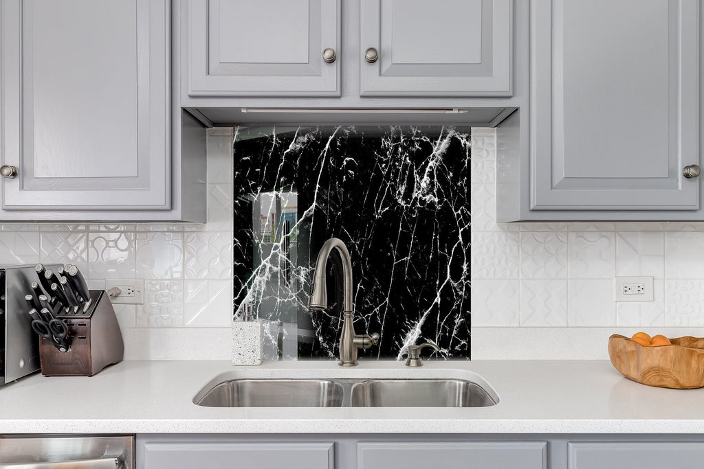 Black Marble with White Veins - Glass Kitchen Backsplash-BacksplashArtworks