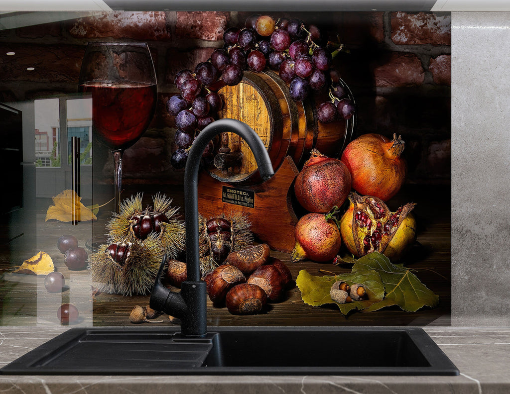 Rustic Vineyard Glass Kitchen Backsplash – Grapes & Pomegranates-BacksplashArtworks