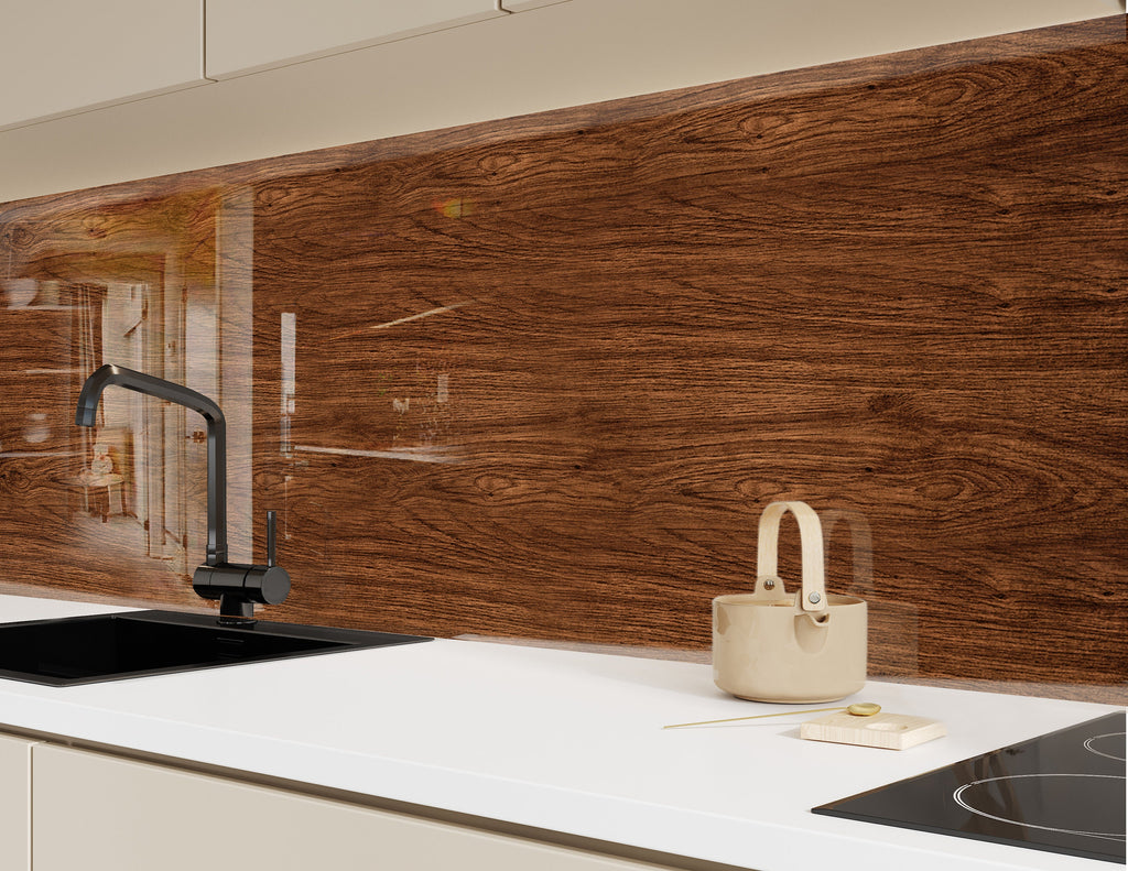 Walnut Wood Design - Tempered Glass Kitchen Backsplash-BacksplashArtworks