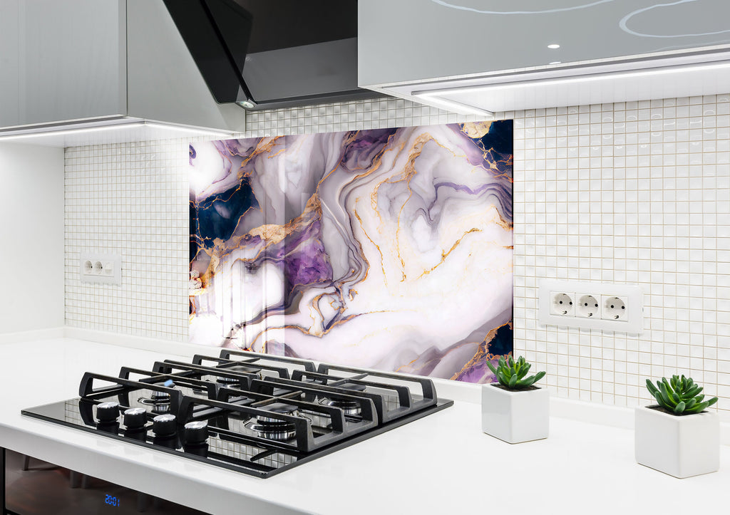 Purple & White Marble with Gold Accents - Glass Kitchen Backsplash-BacksplashArtworks