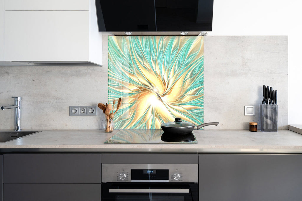 Golden Spiral Glow - Glass Kitchen Backsplash-BacksplashArtworks