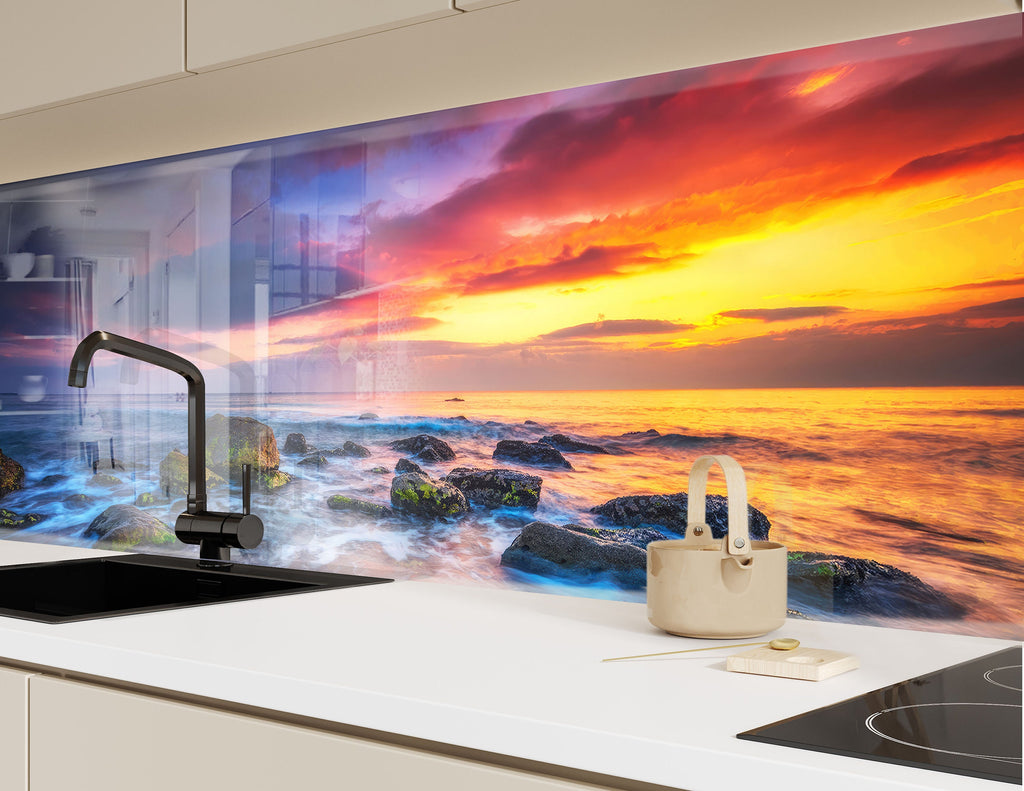 Ocean Sunset Waves - Glass Kitchen Backsplash-BacksplashArtworks
