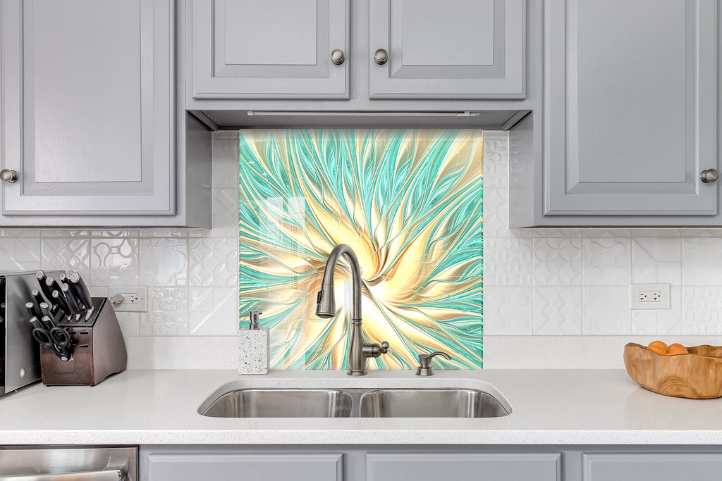 Golden Spiral Glow - Glass Kitchen Backsplash-BacksplashArtworks