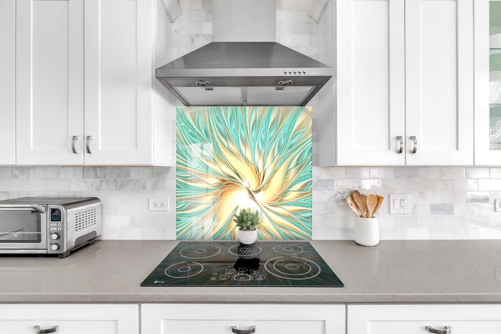 Golden Spiral Glow - Glass Kitchen Backsplash-BacksplashArtworks