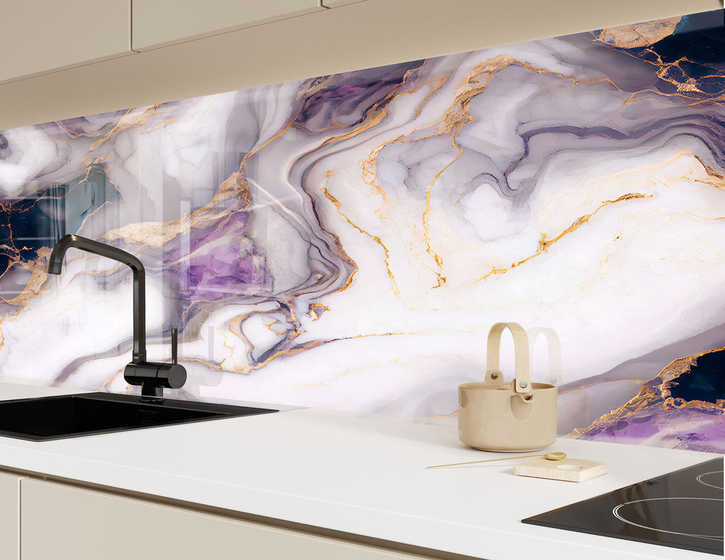 Purple & White Marble with Gold Accents - Glass Kitchen Backsplash-BacksplashArtworks