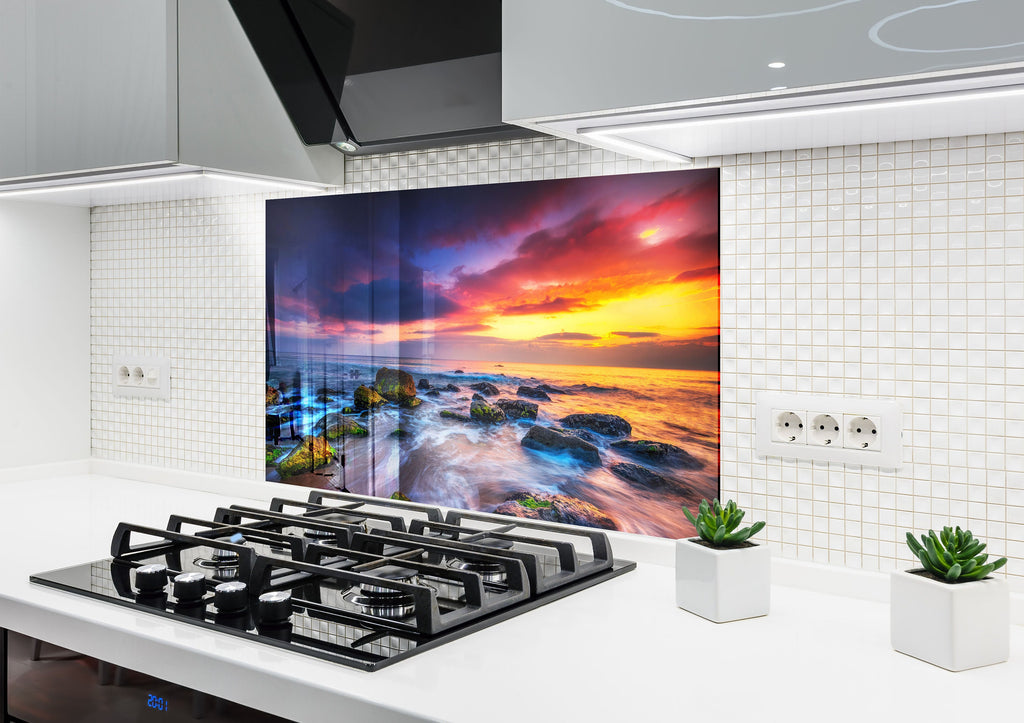 Ocean Sunset Waves - Glass Kitchen Backsplash-BacksplashArtworks