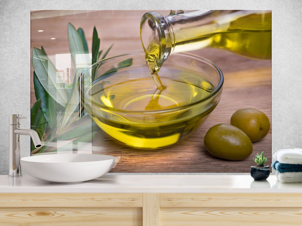 Olive Oil Glass Kitchen Backsplash – Fresh Olive & Oil Pouring Design-BacksplashArtworks
