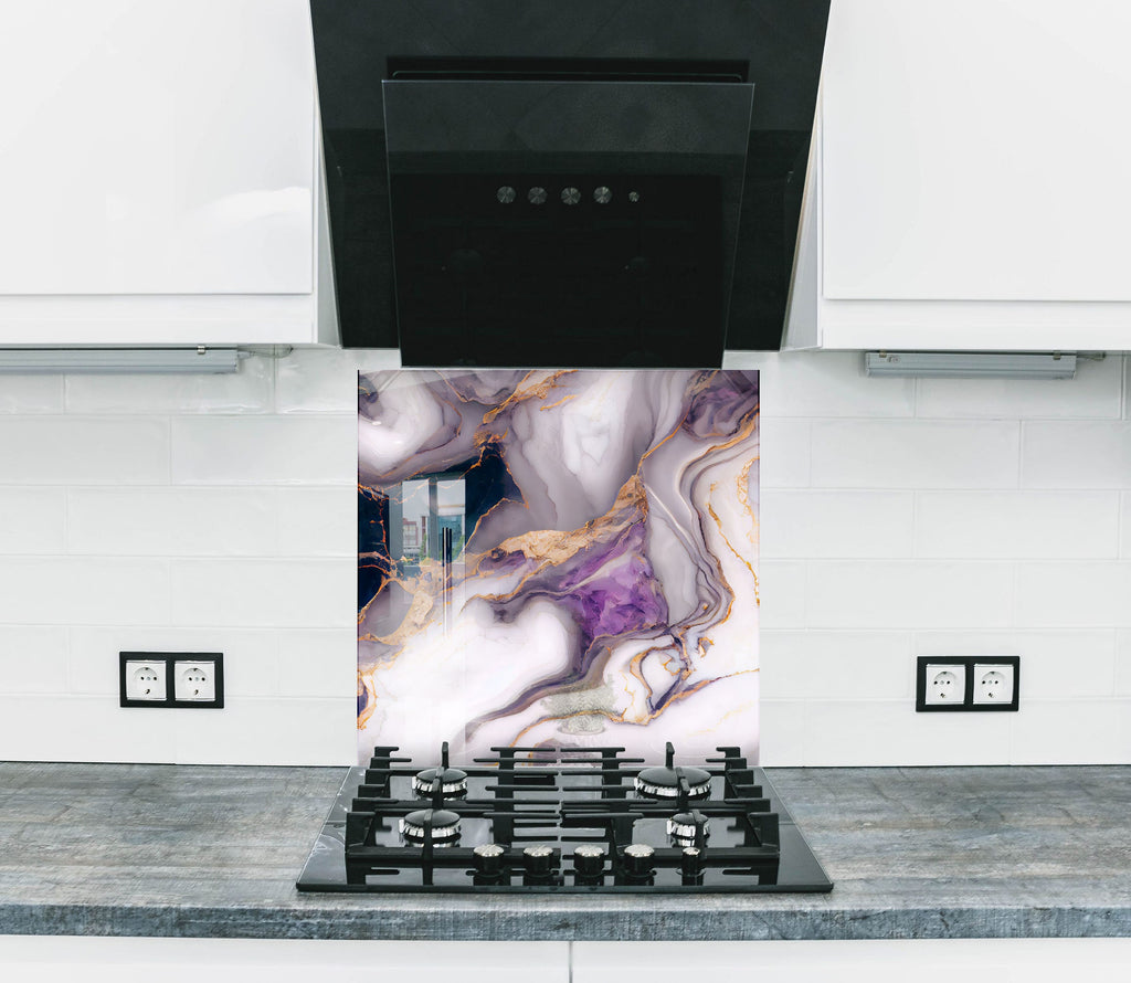 Purple & White Marble with Gold Accents - Glass Kitchen Backsplash-BacksplashArtworks