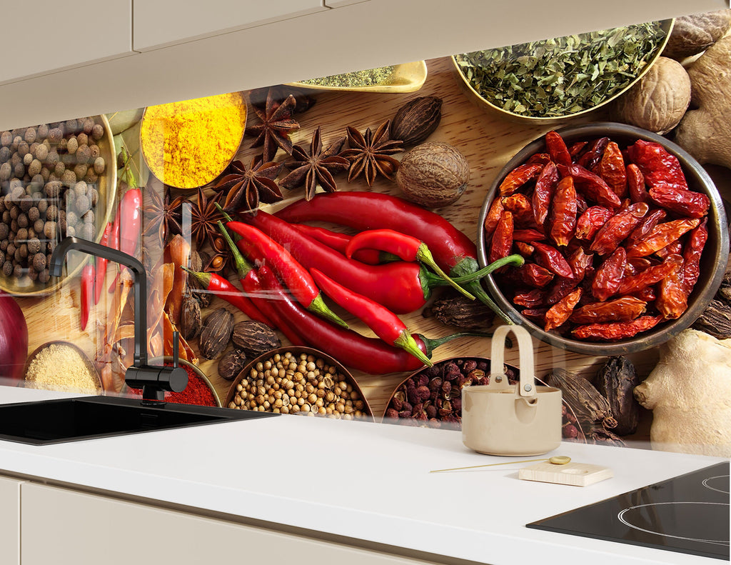 Spicy Fusion - Glass Kitchen Backsplash-BacksplashArtworks