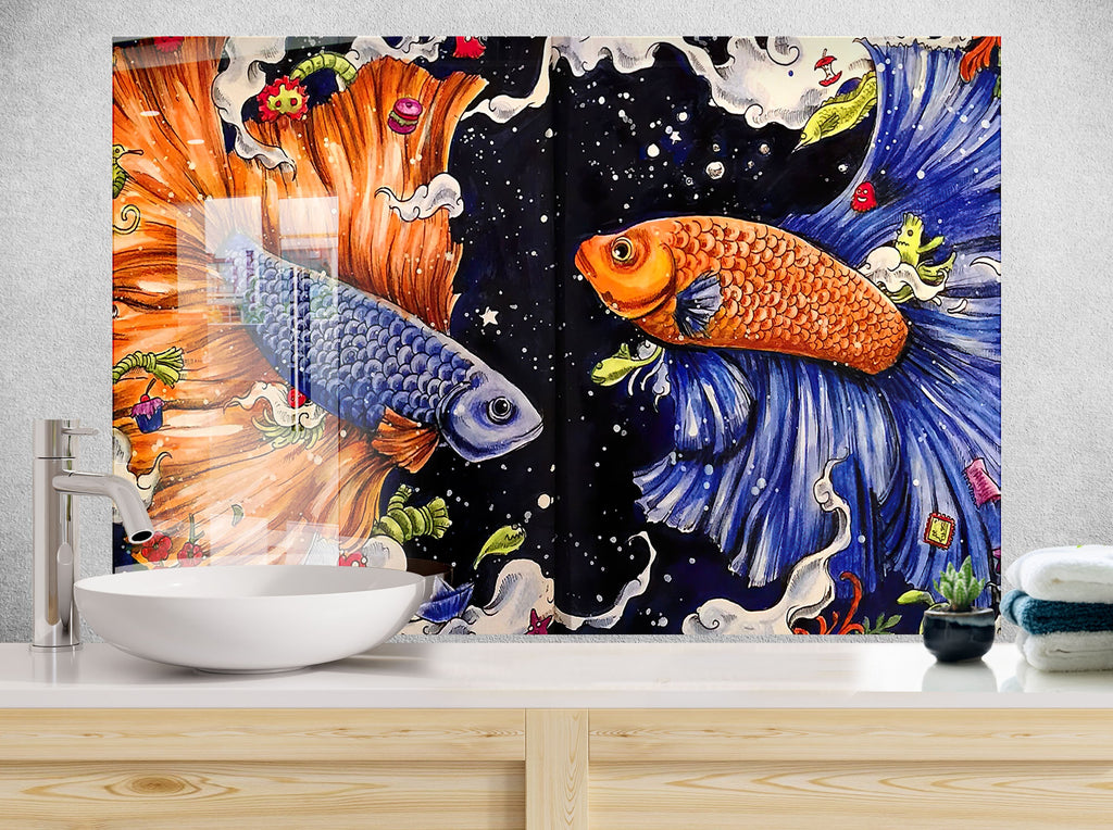 Vibrant Betta Fish Glass Kitchen Backsplash – Colorful Flowing Fish Design-BacksplashArtworks