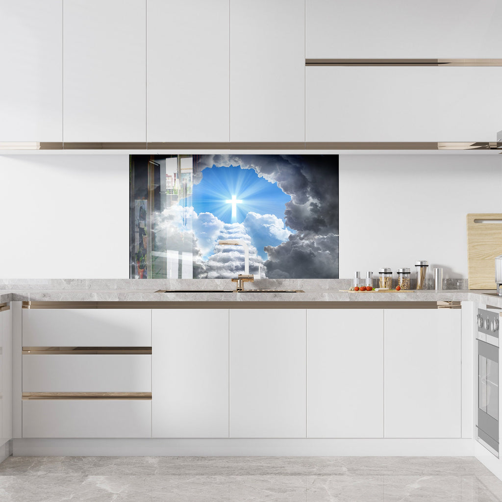 Heavenly Cross - Glass Kitchen Backsplash-BacksplashArtworks