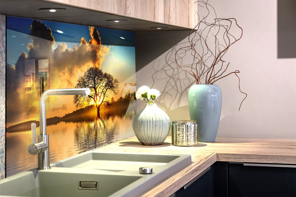 Golden Sunset Reflection – Glass Kitchen Backsplash-BacksplashArtworks