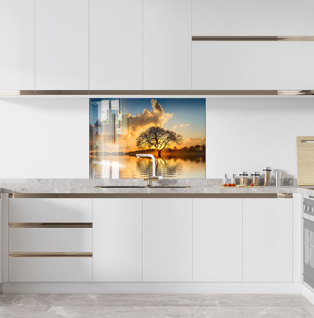 Golden Sunset Reflection – Glass Kitchen Backsplash-BacksplashArtworks