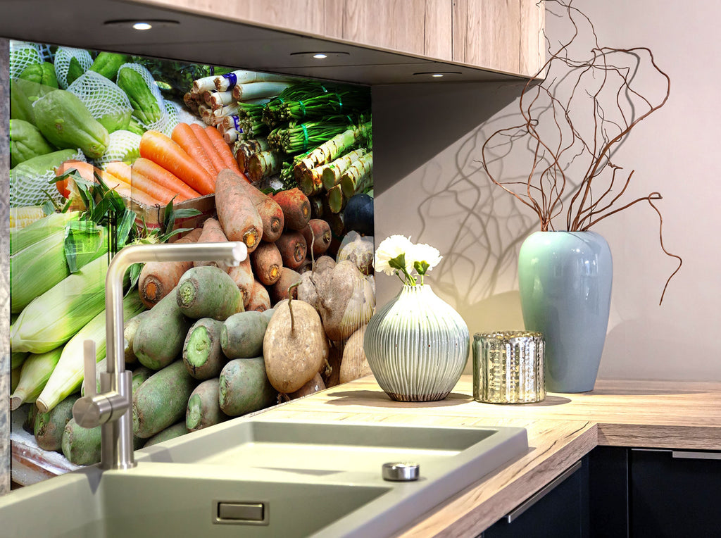 Fresh Root Vegetable Glass Kitchen Backsplash – Natural & Colorful Harvest Design-BacksplashArtworks