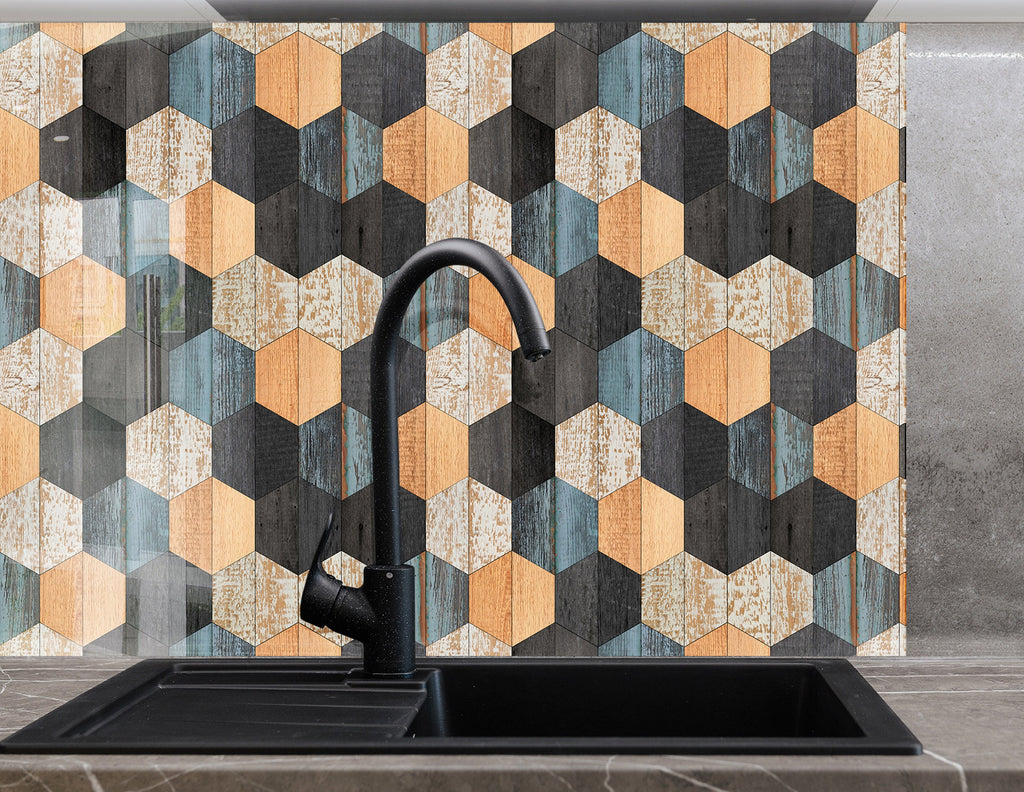 Geometric Hexagon - Glass Kitchen Backsplash-BacksplashArtworks
