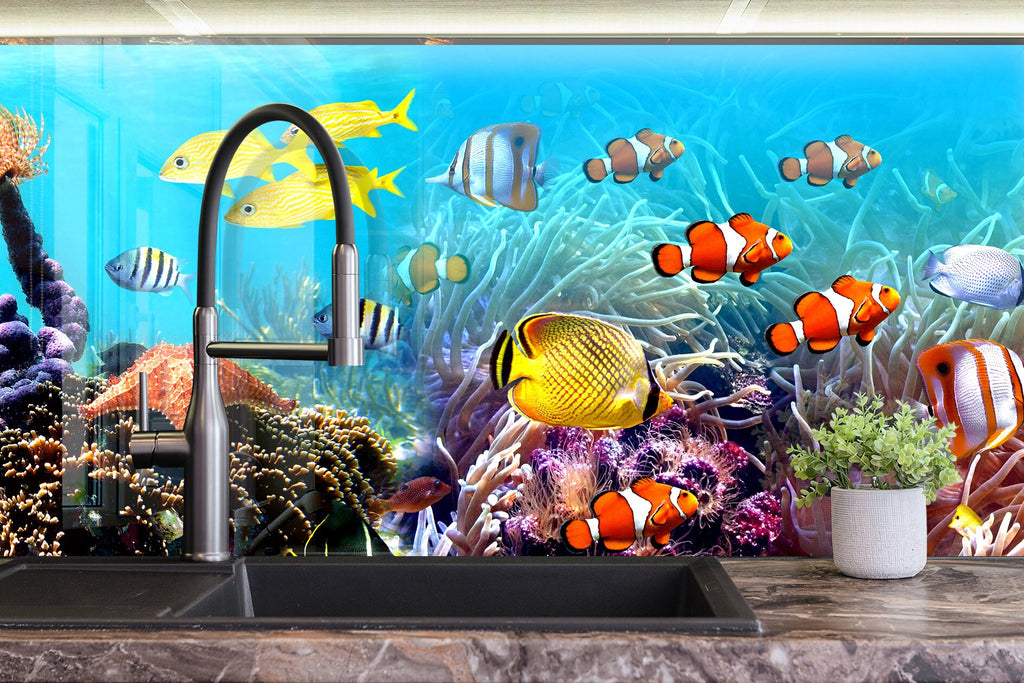 Vibrant Coral Reef Aquarium Glass Kitchen Backsplash – Fish Design-BacksplashArtworks