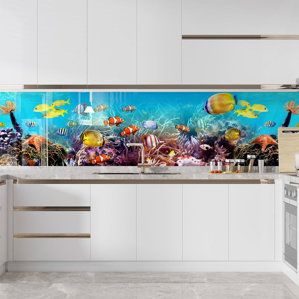 Vibrant Coral Reef Aquarium Glass Kitchen Backsplash – Fish Design-BacksplashArtworks