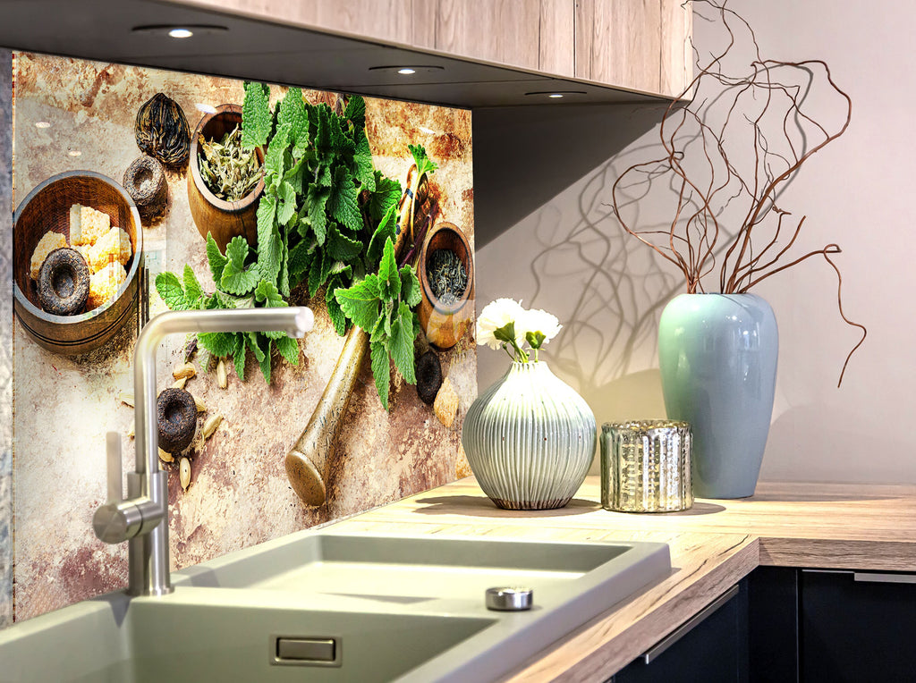Herbal Serenity - Glass Kitchen Backsplash-BacksplashArtworks