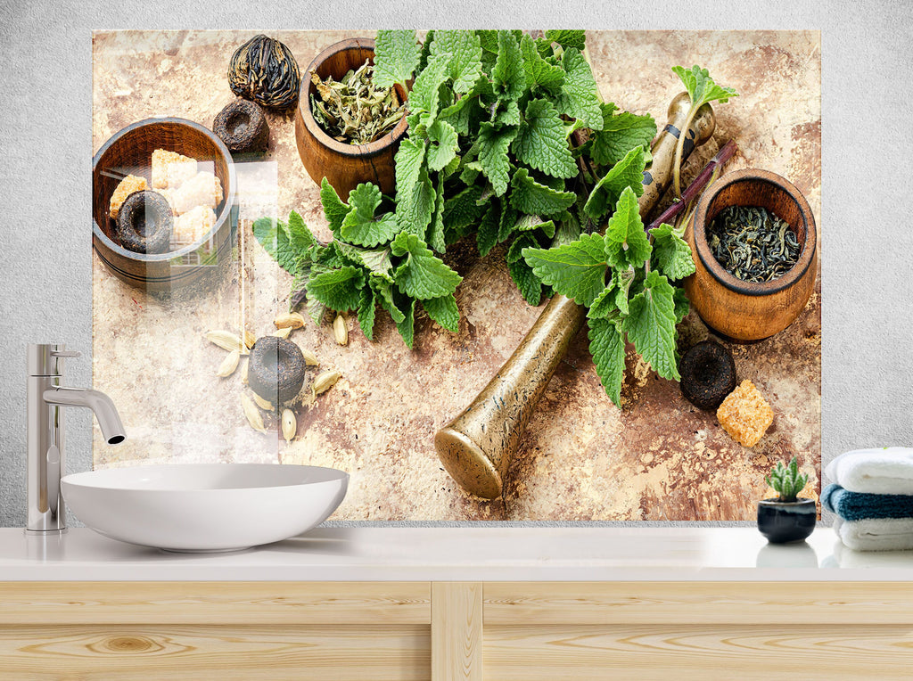 Herbal Serenity - Glass Kitchen Backsplash-BacksplashArtworks