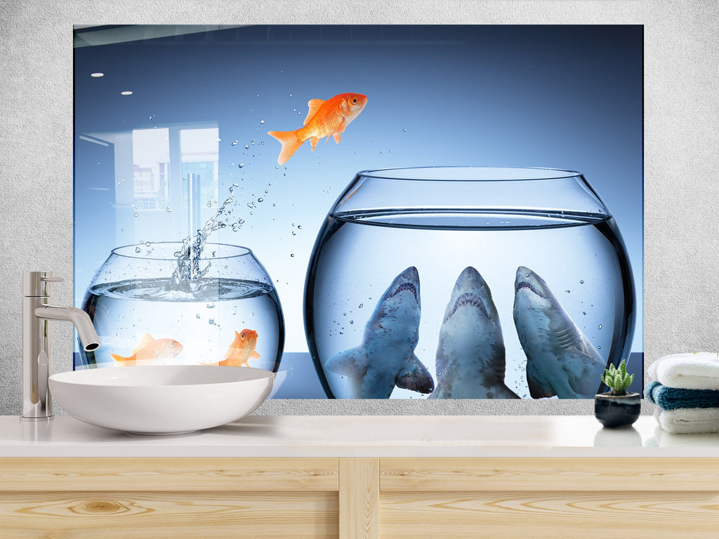 Vibrant Ocean Glass Kitchen Backsplash – Goldfish & Fishbowl Design-BacksplashArtworks