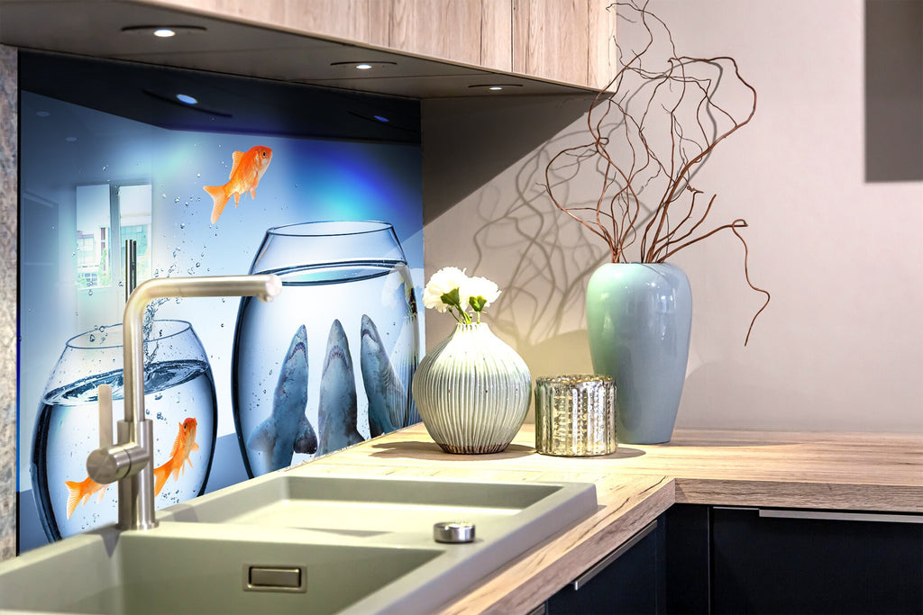 Vibrant Ocean Glass Kitchen Backsplash – Goldfish & Fishbowl Design-BacksplashArtworks